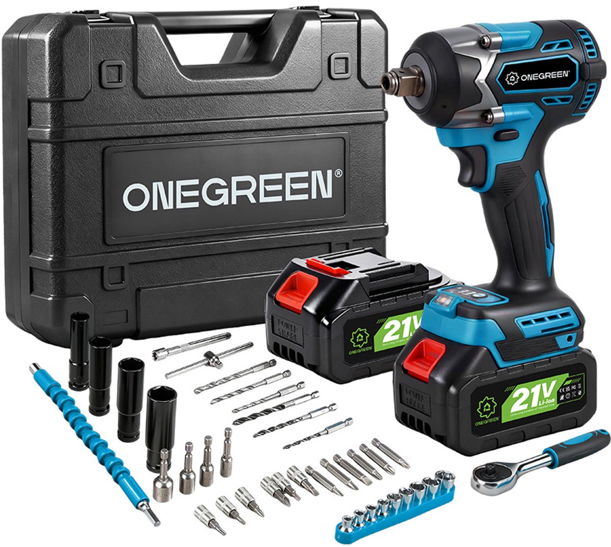 ONEGREEN Accu Slagmoersleutel - 800Nm Slagmoersleutelset - Slagmoersleutel elektrisch - Slagschroevendraaier - incl. 31x Accessoires, 2x Accu’s - voor auto/vrachtwagen RV/maaier