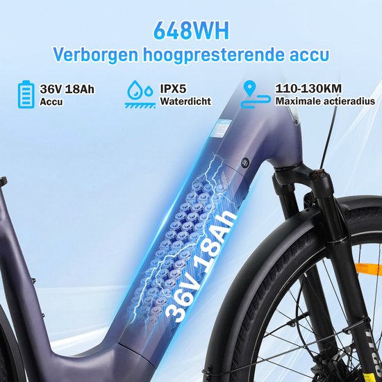 Elektrische Fiets TTGO Z5 - 36V 18AH Accu - Middenmotor - Max Actieradius 120 KM - Aluminium Lage Instapframe - 27.5×2.4 Inch Wielen - Shimano 9 Versnellingen - Hydraulische Schijfremmen - LCD Display - Elektrische Stadsfiets -Blauw — afbeelding 4