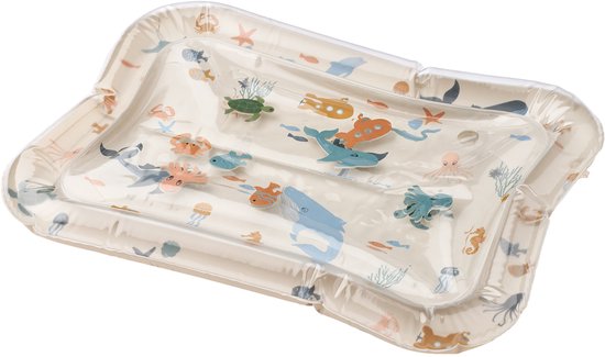 Liewood opblaasbare watermat met zeedieren in beige en blauwe tinten, tegen een witte achtergrond.