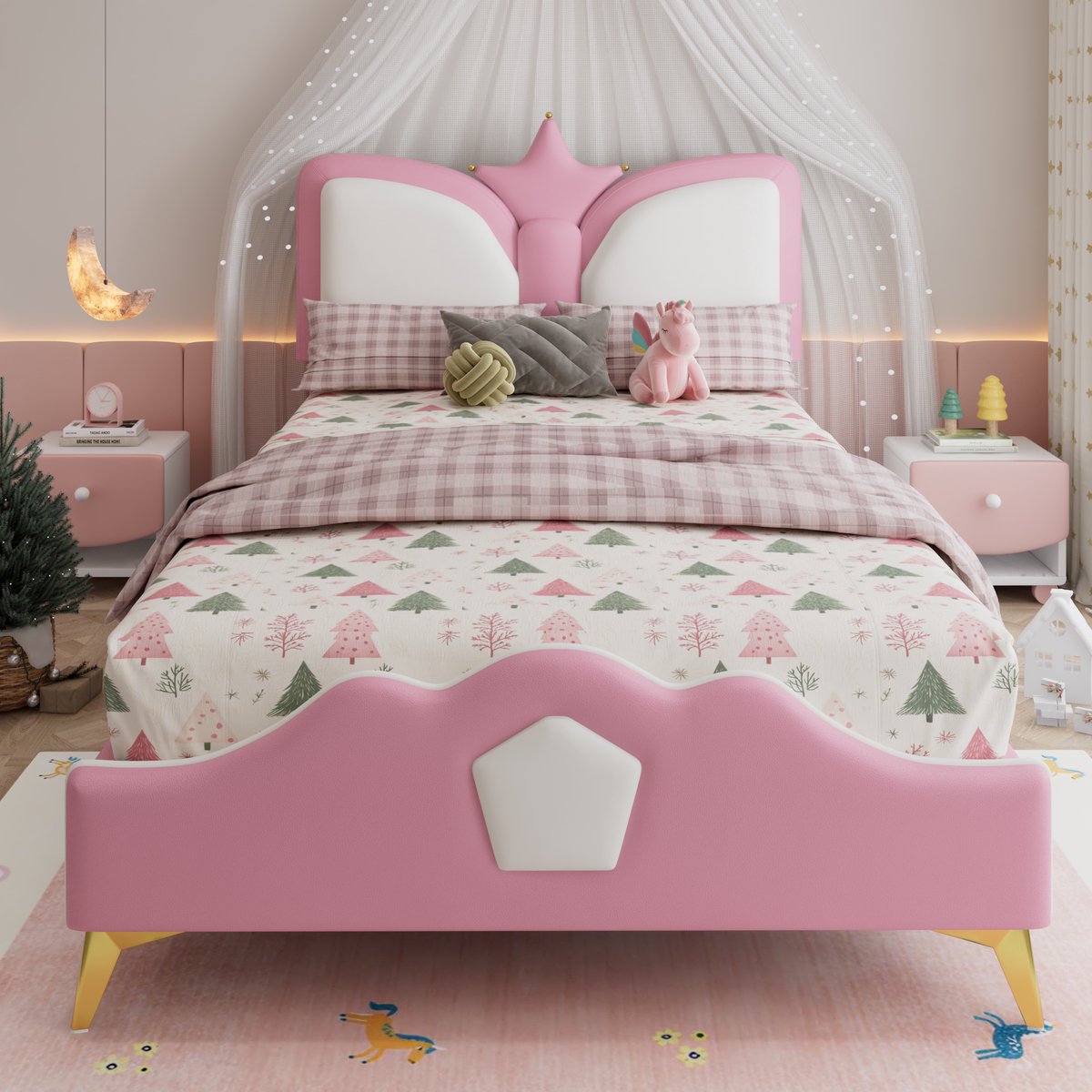 Clruro Eenpersoonsbedden - 90x200cm - Gestoffeerd Kinderbed - Hoofdeinde Met Kroonvorm - Zachte Anti-Bots Schuimrand - Speelse Kleur - PU + IJzer + Schuim - Roze + Wit