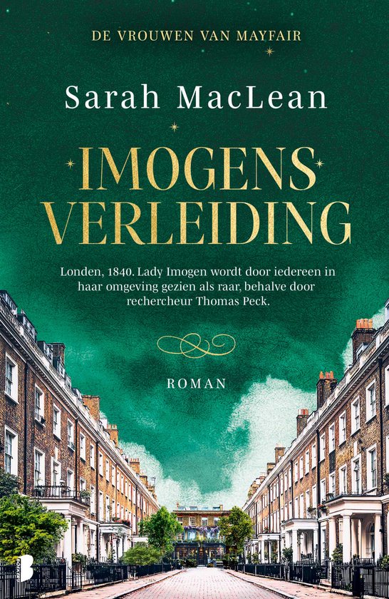 Boek "Imogens Verleiding" van Sarah MacLean. Cover met een groen met gouden tekst en een straatbeeld van Londense huizen.
