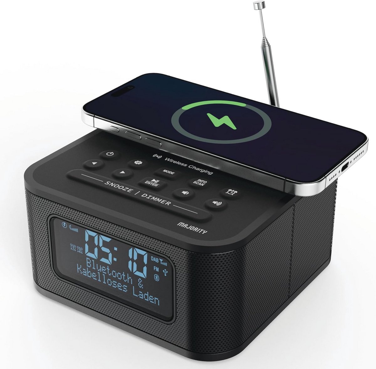Draadloze Bluetooth Nachttafelklok met USB Oplader, DAB+ en FM Radio, Groot Dimbaar LCD Display, Dubbele Wekker met Snooze en Slaapfunctie