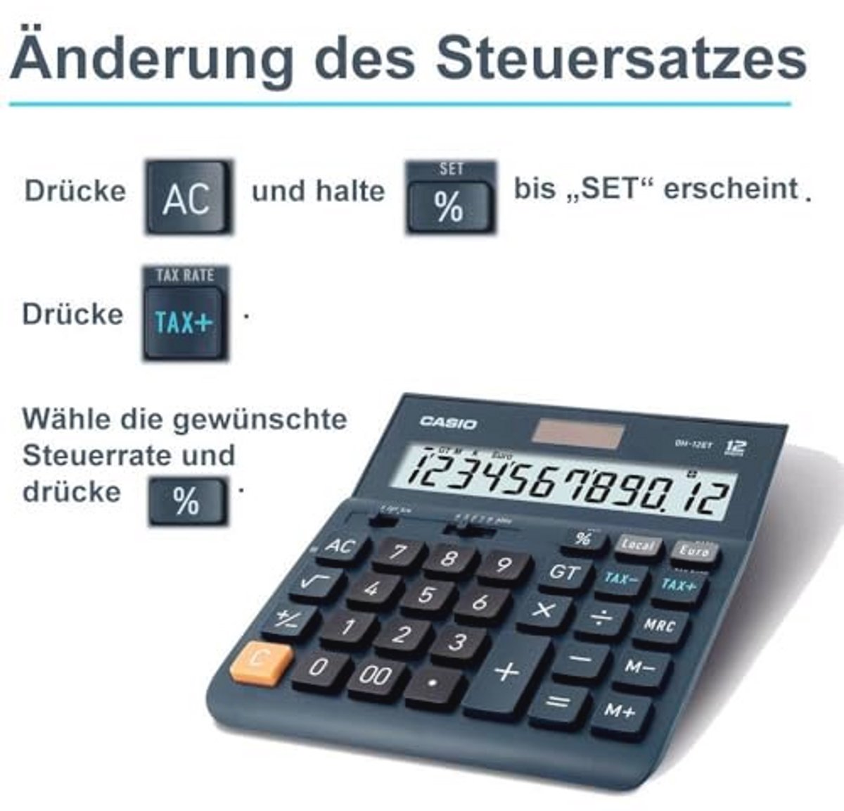Tafelrekenmachine 12-cijferig met belastingfunctie en zonne-energie/batterijvoeding