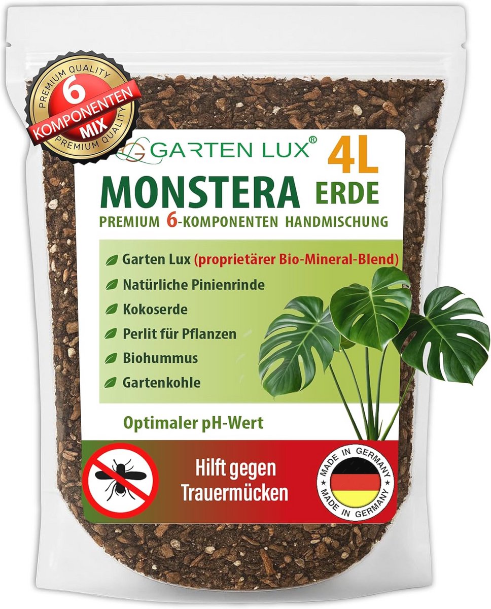 Aarde voor Monstera Planten 4 Liter | Turfvrij Substraat met Hoogwaardige Ingrediënten | 6-in-1 Oplossing Tegen Rouwmuggen