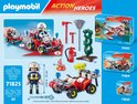 Playmobil "Action Heroes" doos met brandweerman, rode quad, vliegtuig en accessoires.