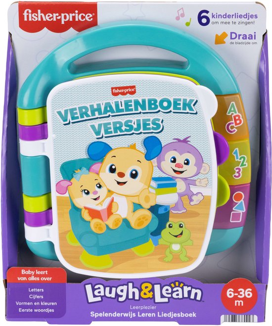 Fisher-Price leerboek in verpakking met een hond, muis en kikker die boeken lezen.