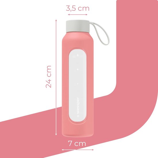 Wessper Glazen waterfles van borosilicaat, BPA-vrije filterfles met filter 680 ml, voor kinderen en volwassenen, actieve koolfilter voor de drinkfles, roze