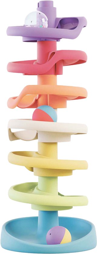 Quercetti Spiral Tower in pastelkleuren met ballen. De toren heeft 7 lagen en een blauwe basis.