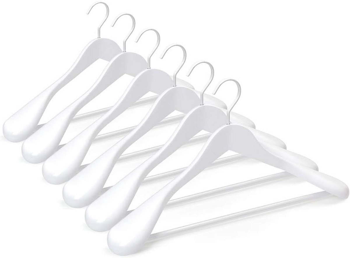 Set van 6 Witte Houten Kleerhangers met Brede Schouder voor Kostuums en Jassen