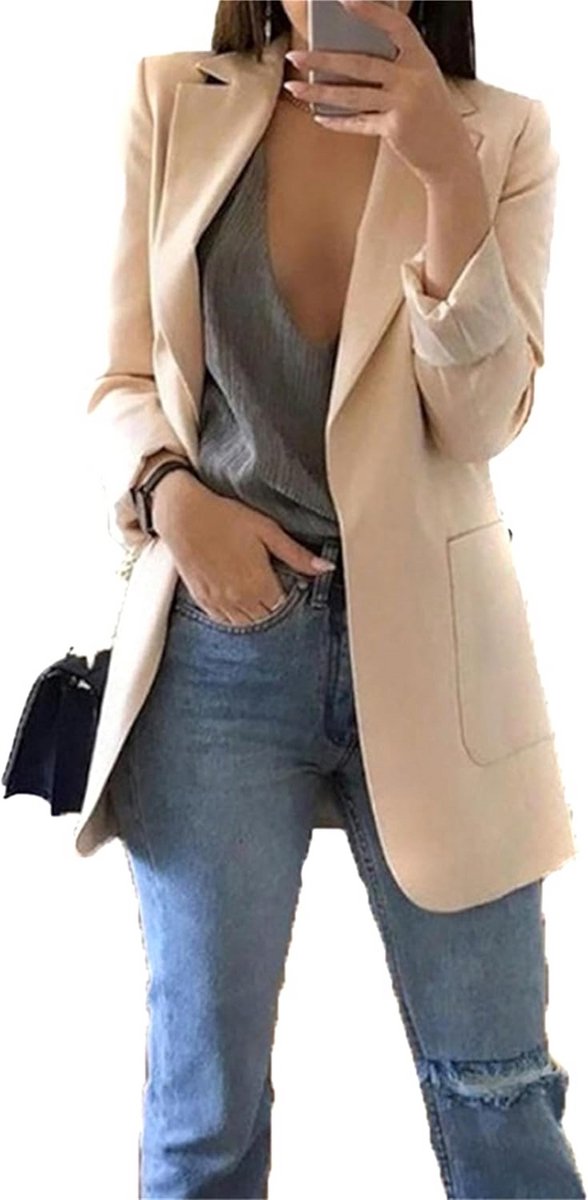 Dames Blazer Lange Mouwen Open Voorkant Relax Fit Licht Model Met Kraag