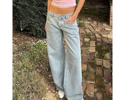 Lichtblauwe baggy strikjeans dames met geborduurde achterzakken en hoge taille, losvallende wijde denim broek