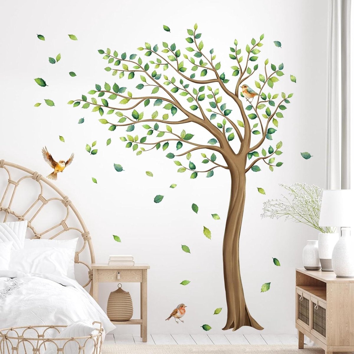 Ronte - Muurstickers boom vogels groene bladeren kinderkamer decor vallende bladeren kunst opplakken - 83 tekens