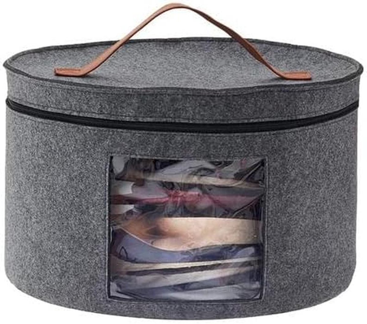 Ronde hoedendoos 43 cm met transparant venster – opvouwbaar, pop-up, handgrepen, voor hoeden tot 42 cm, grijs
