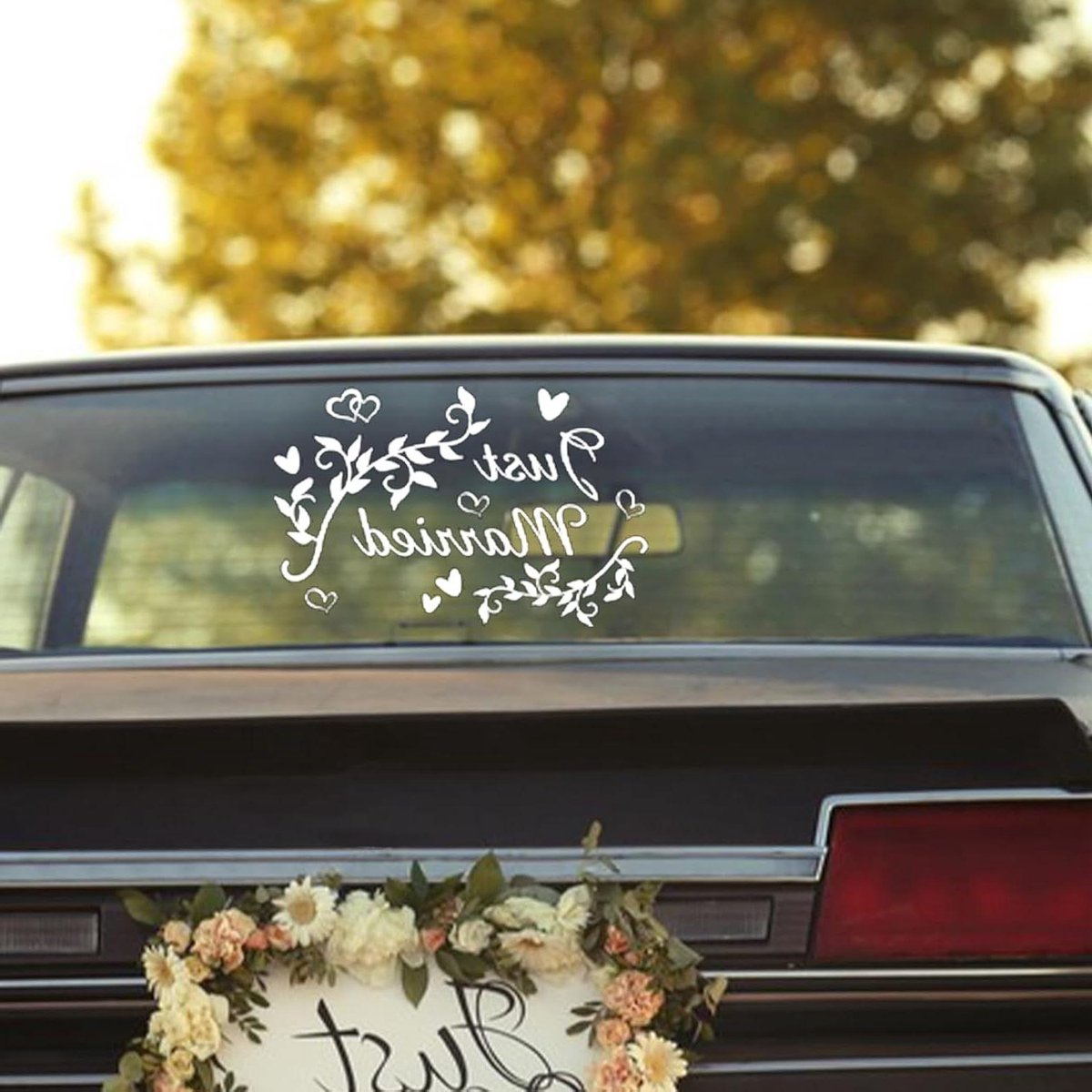Ronte - Autosticker Just Married met hart, afneembaar PVC, bruiloft decoratie, huwelijksreis, schattige bumpersticker.