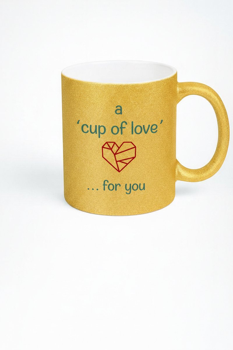 Gouden Glitter Mok 'A Cup of Love' met Geometrisch Hart - Liefdes Cadeau Beker