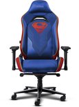 Blauwe Superman gaming stoel met rood-gele bies, Superman logo op de rugleuning en verstelbare armleuningen.