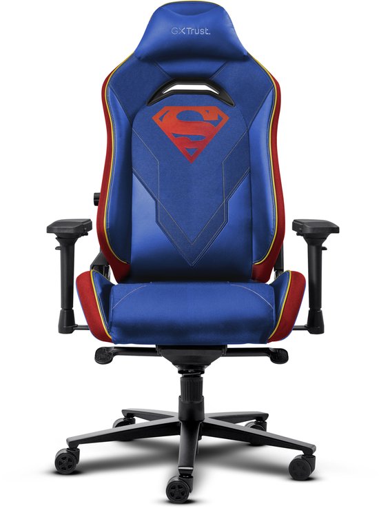 Blauwe Superman gaming stoel met rood-gele bies, Superman logo op de rugleuning en verstelbare armleuningen.