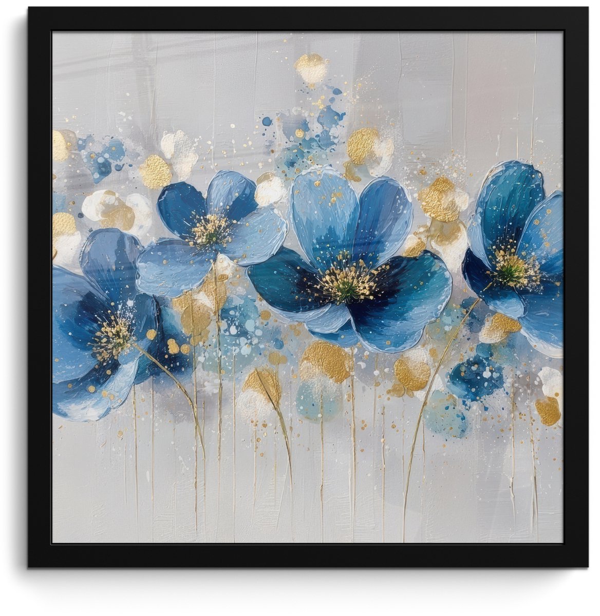 FrameYourWall Poster in lijst - Fotolijst 40x40 cm - Posters - Bloemen - Blauw - Abstract - Posterlijst zwart - Decoratie - Wanddecoratie woonkamer - Muurdecoratie slaapkamer