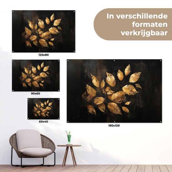 Trois posters de jardin montrant des feuilles dorées sur fond sombre, tailles 120x80, 90x60 et 60x40 cm.