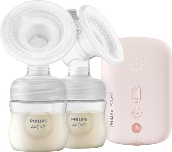 Roze Philips Avent dubbele elektrische borstkolf met twee flessen en motorunit.