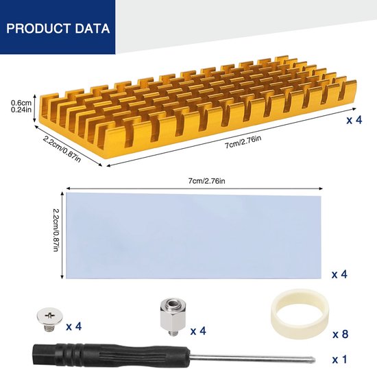 4 Stuks Aluminium Koellichaam 70x22x6 Mm – Met Thermische Tape – Voor M.2 SSD, NVMe, RAM, CPU, LED – 1,3 W/(m·K)