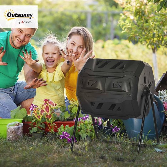 Outsunny Composteur Rotatif 360° Double Chambres Bac à Compost pour Déchets, 160 L Acier PP, Noir | France