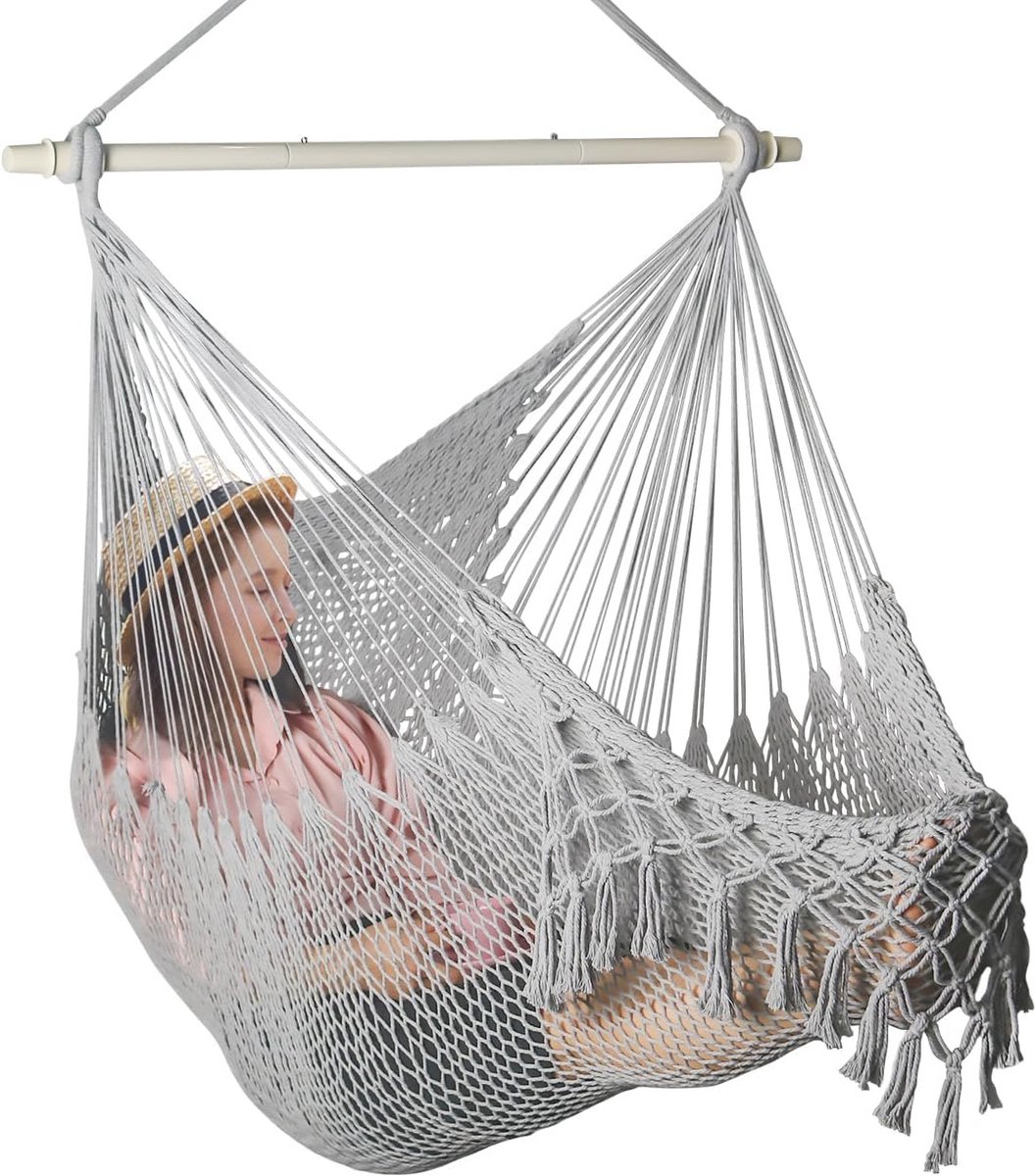 Boho hangstoel met metalen spreider, handgeweven katoenen touw, indoor en outdoor schommelstoel