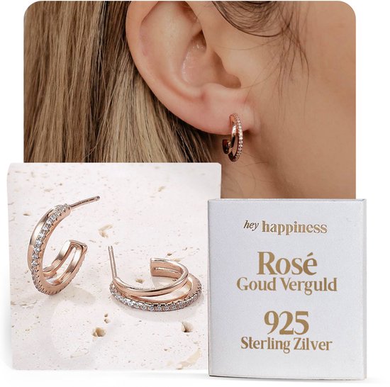 Boucles d'oreilles d'oreilles doubles Hey Happiness pour femme, en Argent or 18 carats, ornées de pierres de zircone et de pierres or rose.