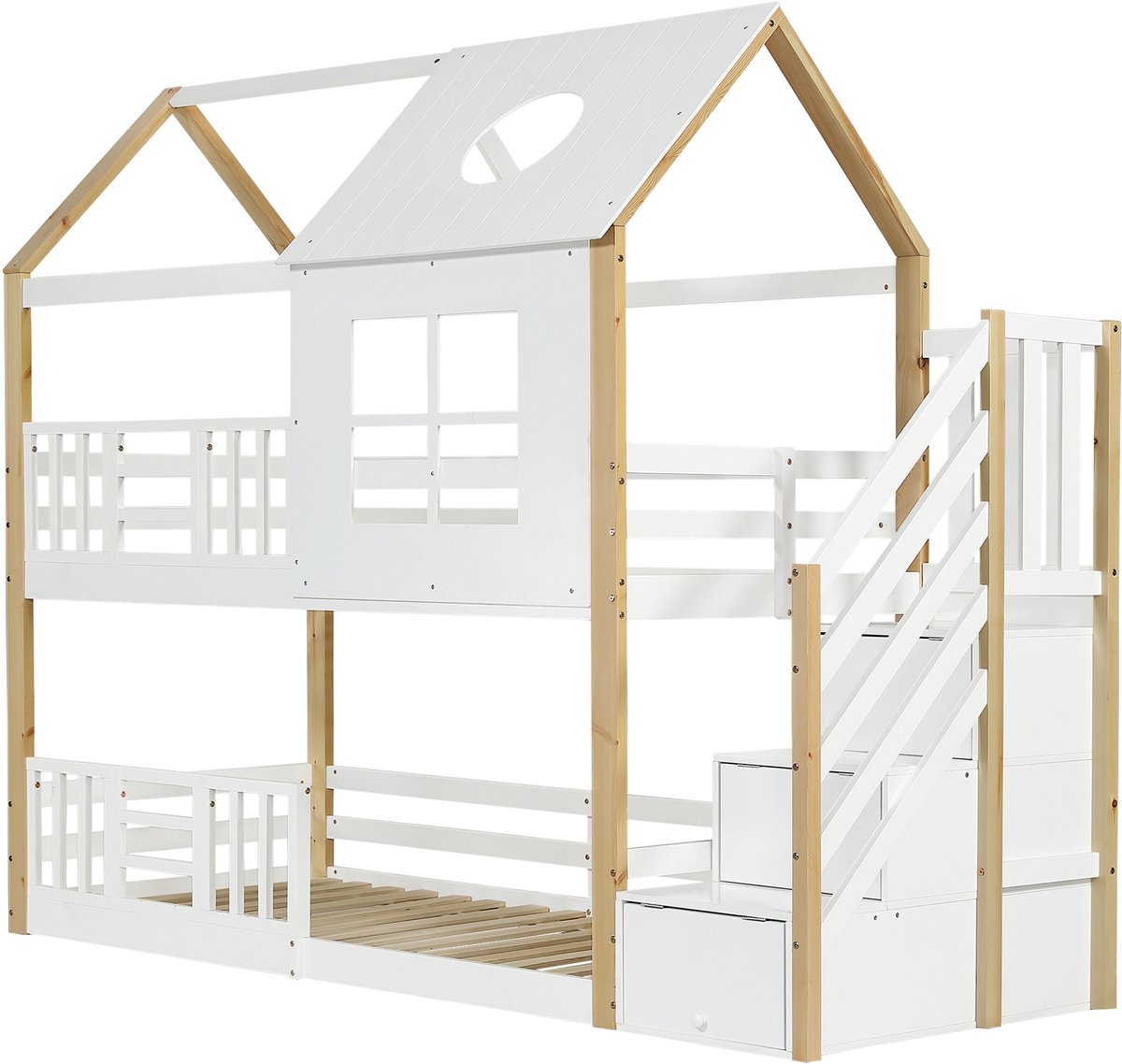 Wishdor Huis Stapelbed 90x200 cm - Opbergtrap & Valbeveiliging - Dak & Ramen - Wit/Naturel Hout - EN747 - Knus & Veilig