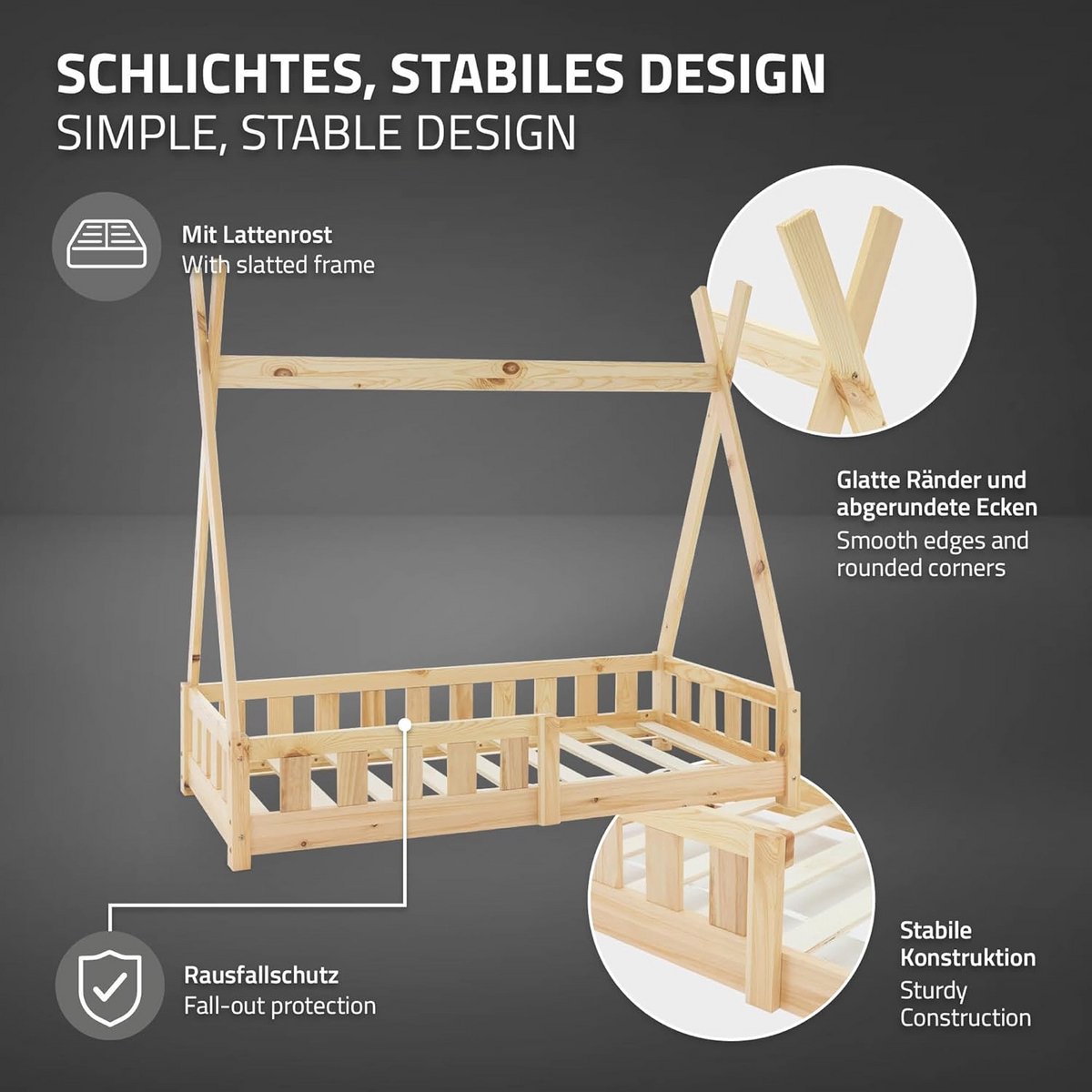 Kinderbed Tipi met uitvalbeveiliging en lattenbodem - 70x140 cm