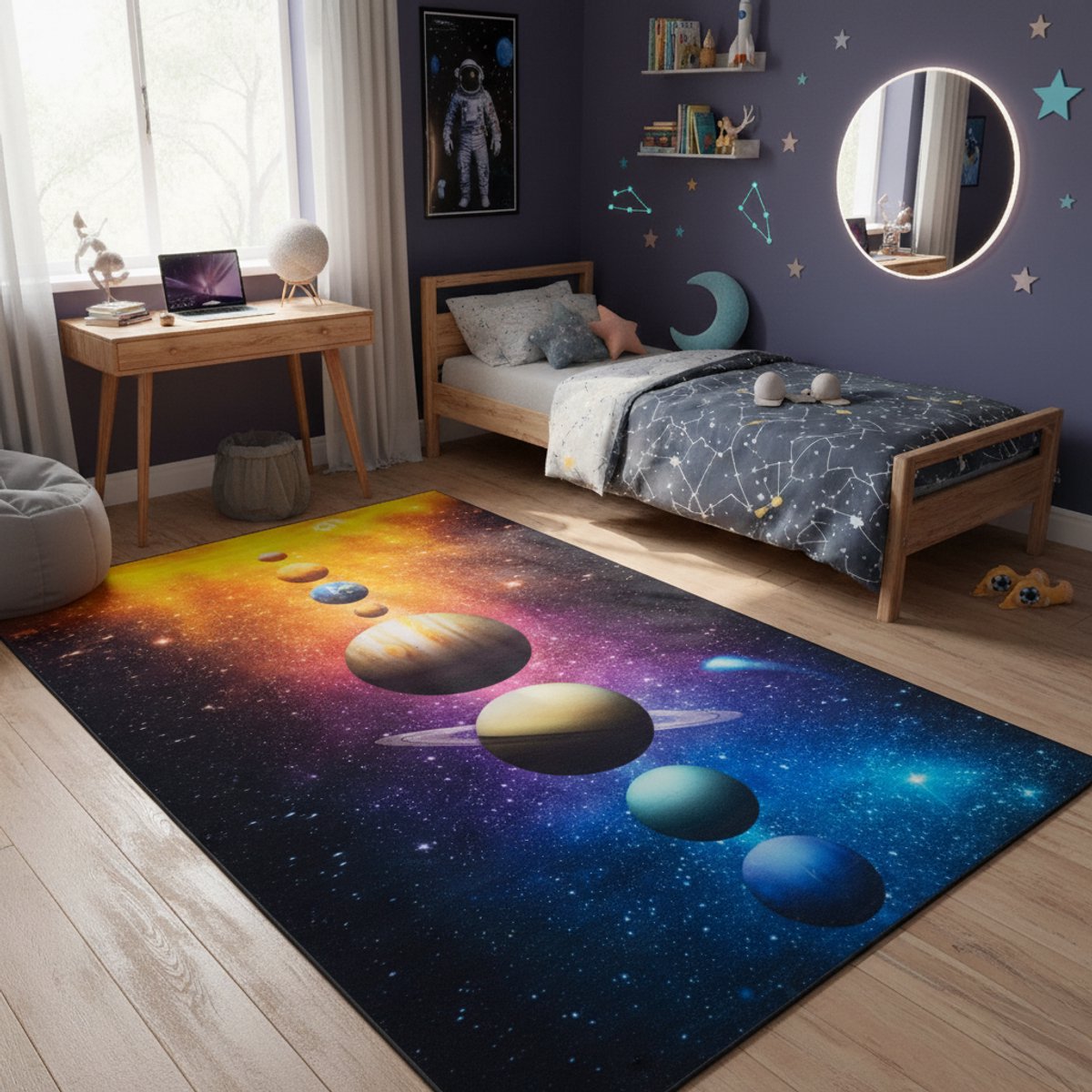 Tapiso COSMO GAME Vloerkleed Kinderkamer Planeten Kindertapijt Ruimtevaart Speeltapijt voor Kinderen Educatief Tapijt met Bont Universum Motief Laagpolig, Antislip, Makkelijk te Reinigen- 80x150