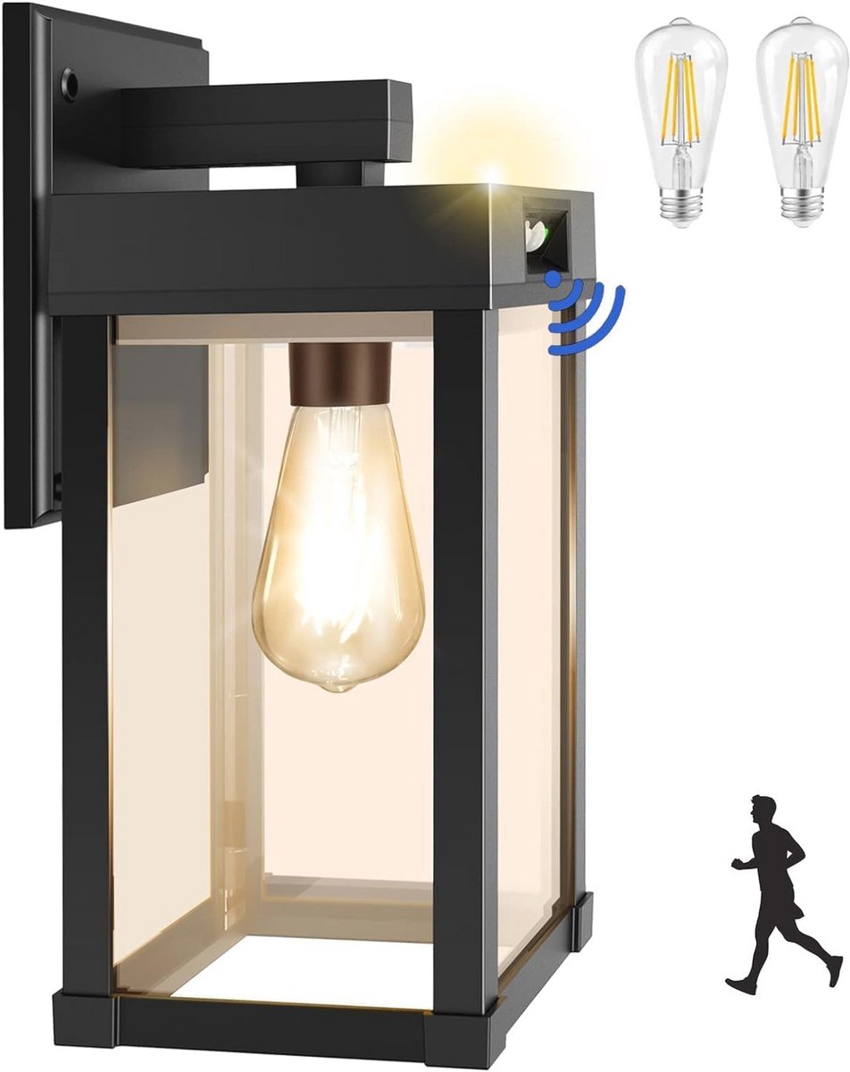 Moderne lantaarn op zonne-energie voor buiten met bewegingssensor en 3 modi - waterdichte buitenlamp voor tuin, binnenplaats en garage