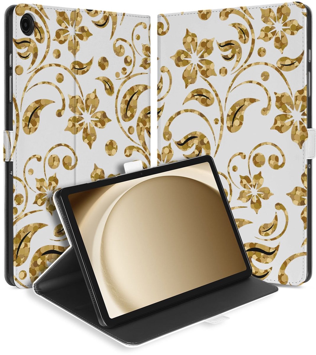 Samsung Galaxy Tab A11 Plus Book Case Hoesje met Standaard Gouden Bloemen