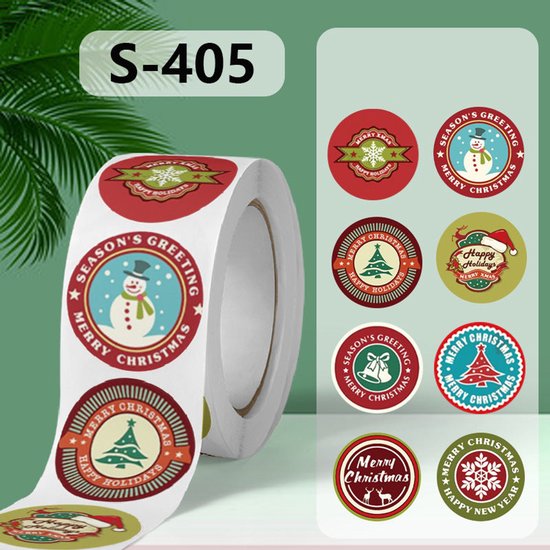 Rol met ronde kerststickers met sneeuwpop, kerstboom, hert en de tekst 'Merry Christmas' en 'Season's Greeting'.