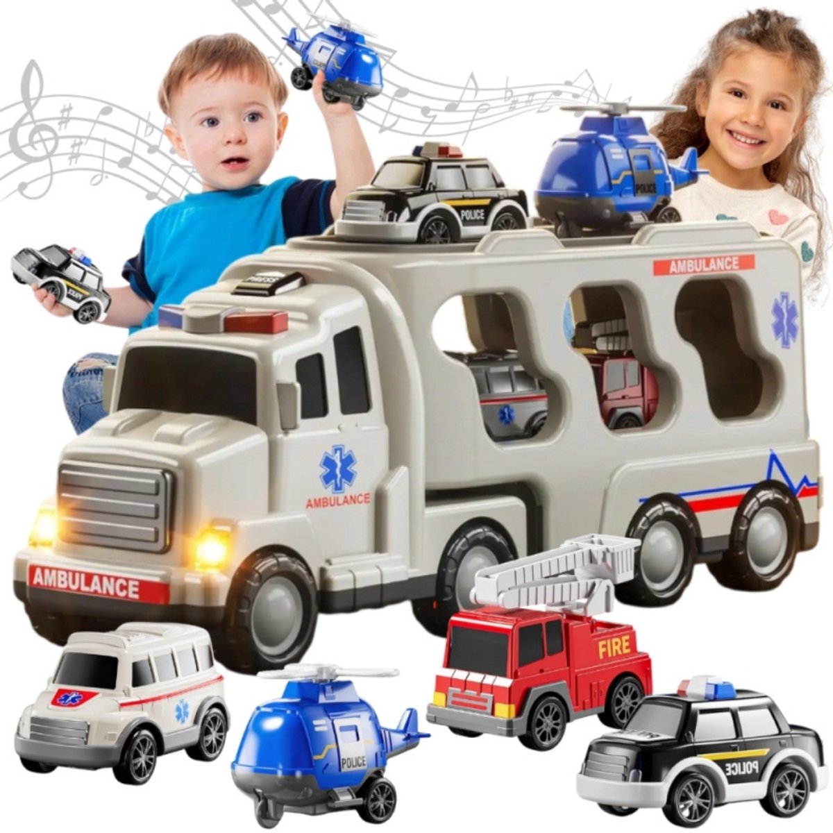 Playos® - XXL Ambulance - met 4 Voertuigen - Transportwagen - met Licht en Geluid - Helikopter - Politieauto - Brandweerwagen - Speelgoedvoertuig - Speelgoed Auto - Sinterklaas
