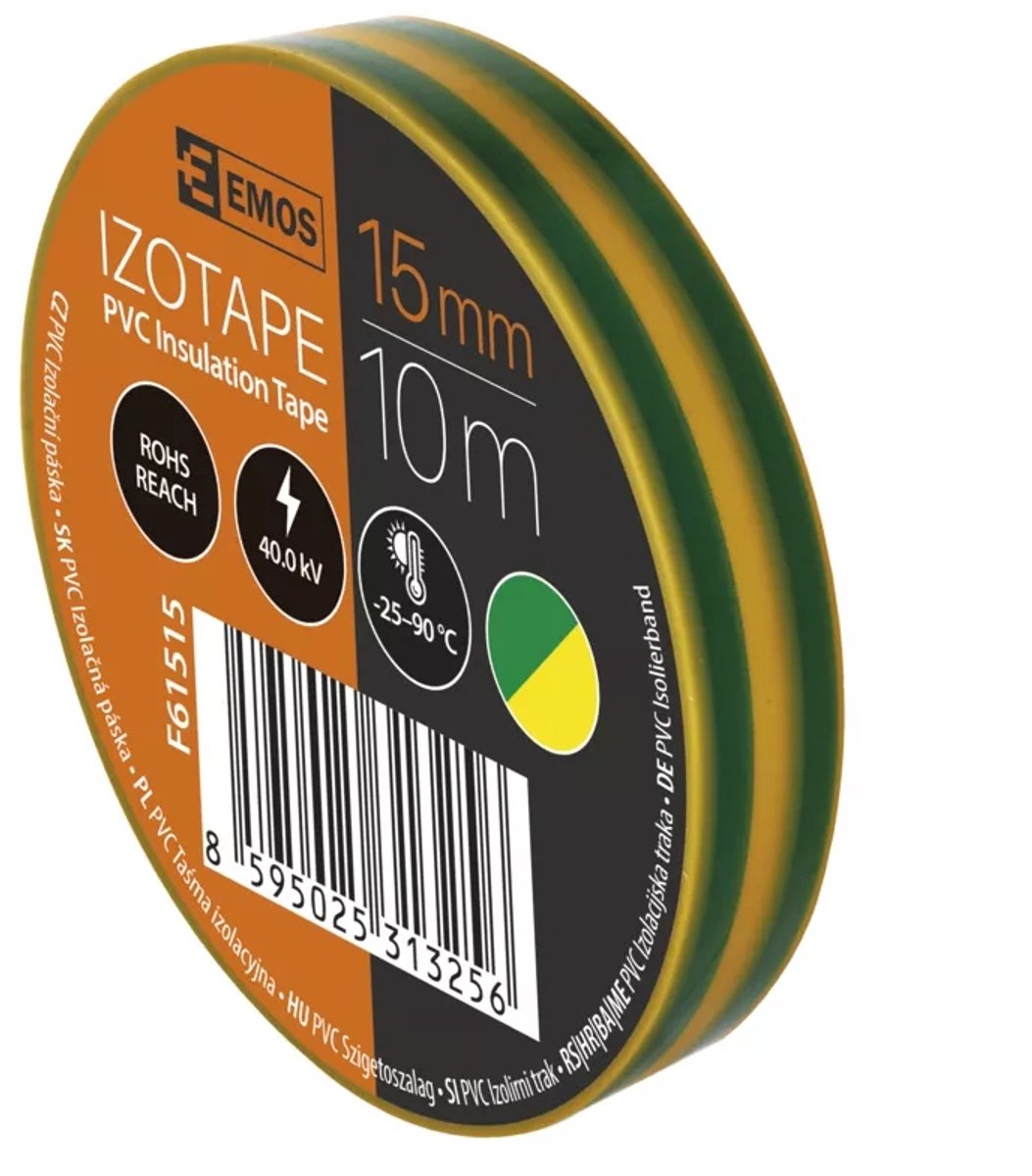 PVC Isolatietape Geel-Groen 15mm x 10m - F61515