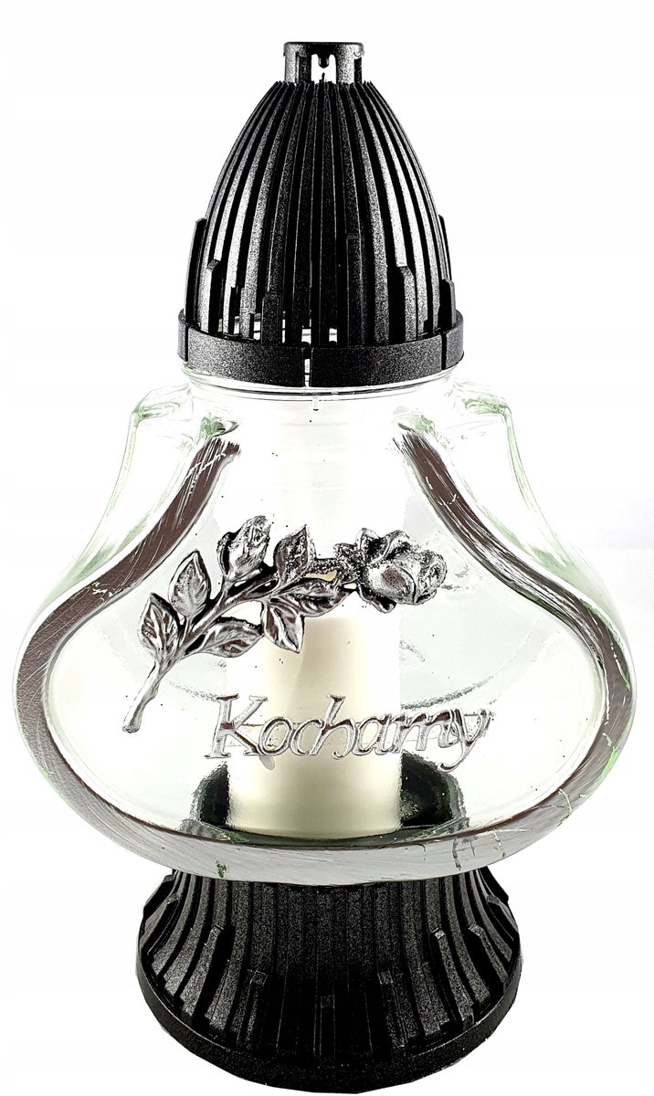 Glazen Znicz "Kochamy" met Zilveren Decoratie - 27cm