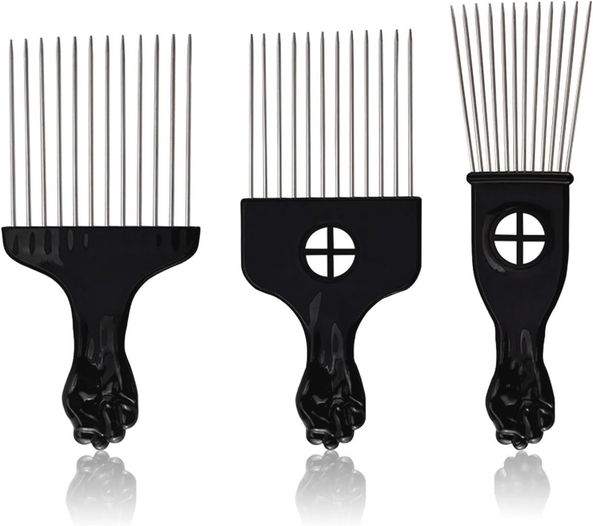 Set van 3 metalen afrokammen en haarplukkammen voor professionele haarkappers