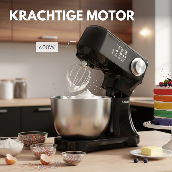 Zwarte keukenmachine met RVS kom, garde en slagroom. "Krachtige motor" 600W.