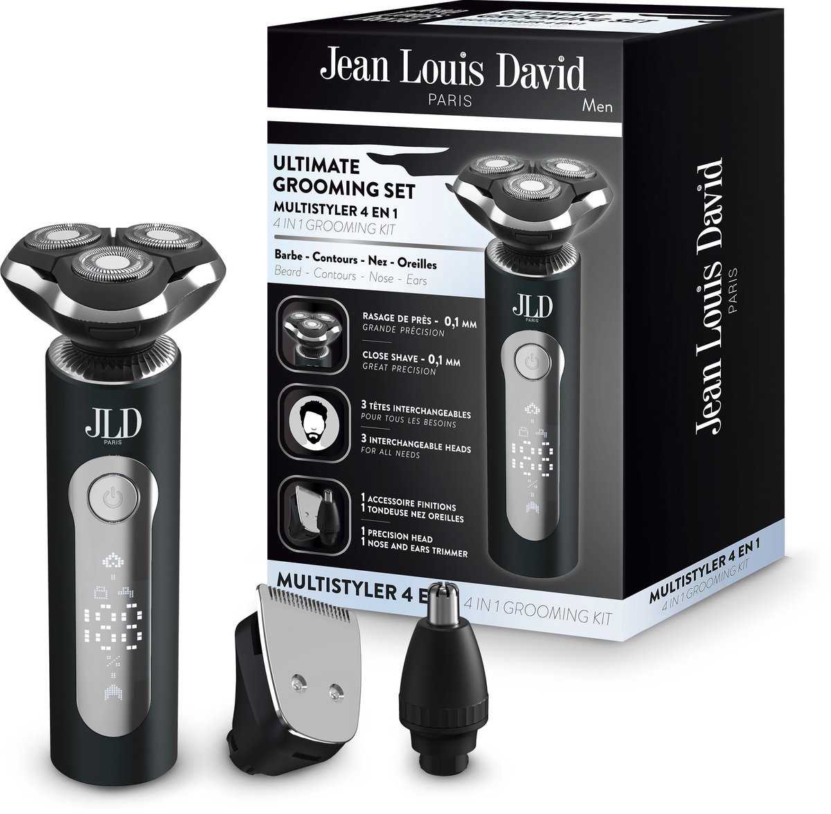 Multifunctionele trimmer - JEAN LOUIS DAVID - 4-in-1 VERZORGINGSSET - 3 koppen - Digitaal display - Zwart