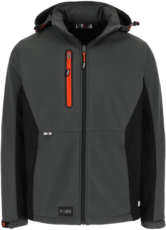 Grijze softshell jas met zwarte panelen en oranje ritssluitingen, model draagt de jas.