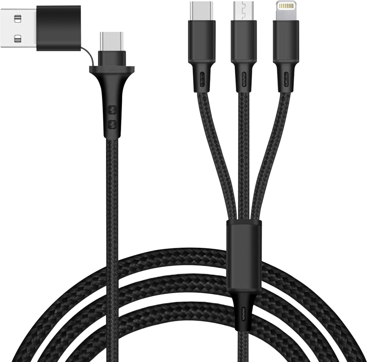 Akashi, 5-in-1 USB- en USB-C-naar-USB-C-micro-USB-Lightning-oplaadkabel, Zwart