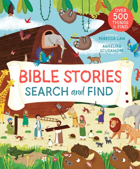 Boek 'Bible Stories Search and Find' met illustraties van dieren rond de Ark van Noach, geschreven door Rebecca Law, geïllustreerd door Angelika Scudamore.