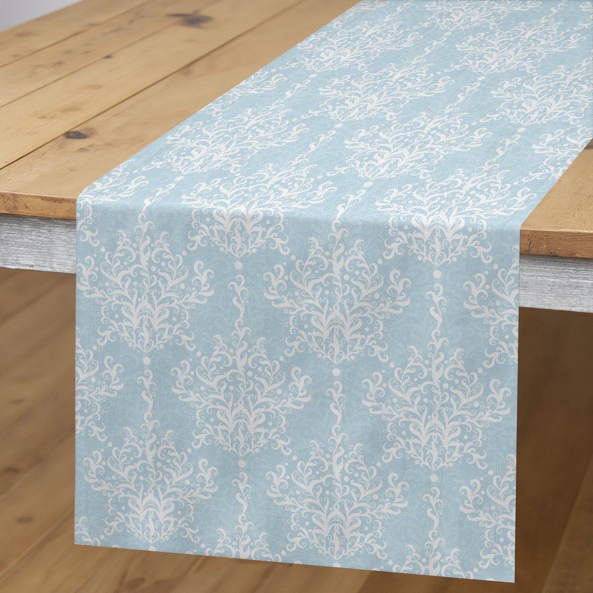 ABAKUHAUS Damast Tafelloper – Lichtblauw 40x225 cm – Machinewasbaar
