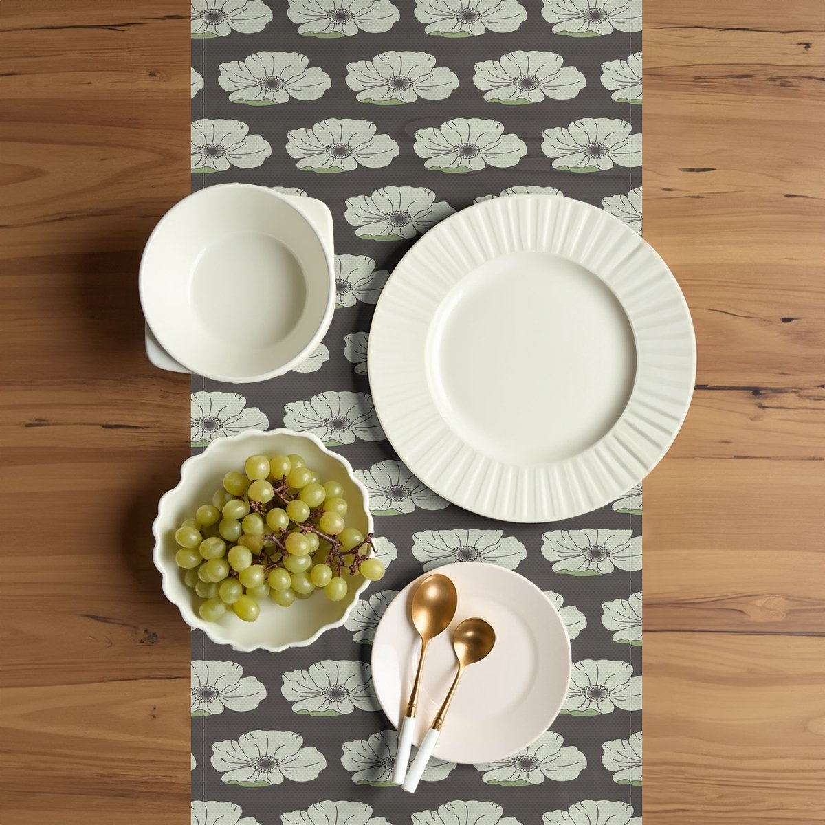 ABAKUHAUS Bloemen tafelloper – rechthoekig 40x180 cm – Polyester, Grijs/Pastelgroen