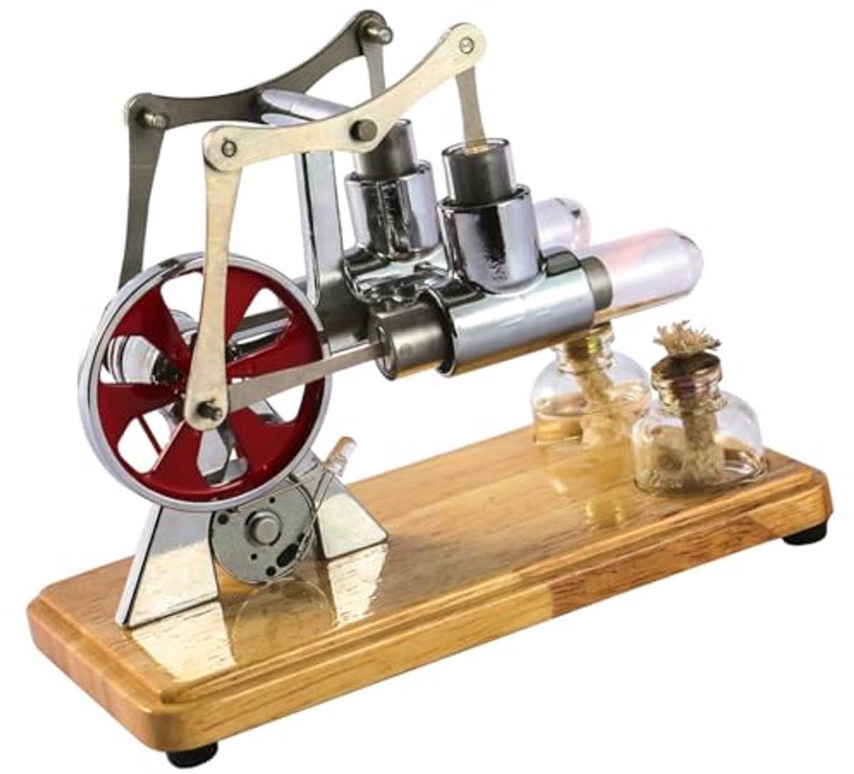 Stirlingmotor, Balans met Twee Cilinders Stirlingmotorset met Eiken Grondplaat en Druppelvakmanschap voor Educatieve Displays en Kinderentertainment (ZILVER)