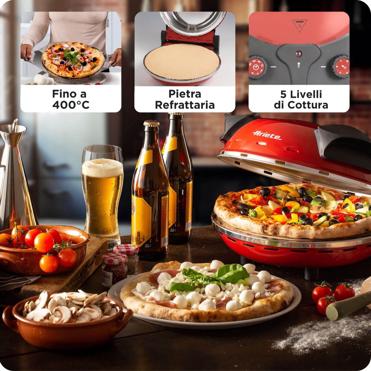 YIBAKE Elektrische Pizzaoven, Pizza in 4 minuten, 32cm plaat van vuurvaste steen, 1200W Pizzamaker, 5 standen, max temperatuur 420 °C YIBAKE Elektrische Pizzaoven, Pizza in 4 minuten, 32cm plaat van vuurvaste steen, 1200W Pizzamaker, 5 standen, max temperatuur 420 °C