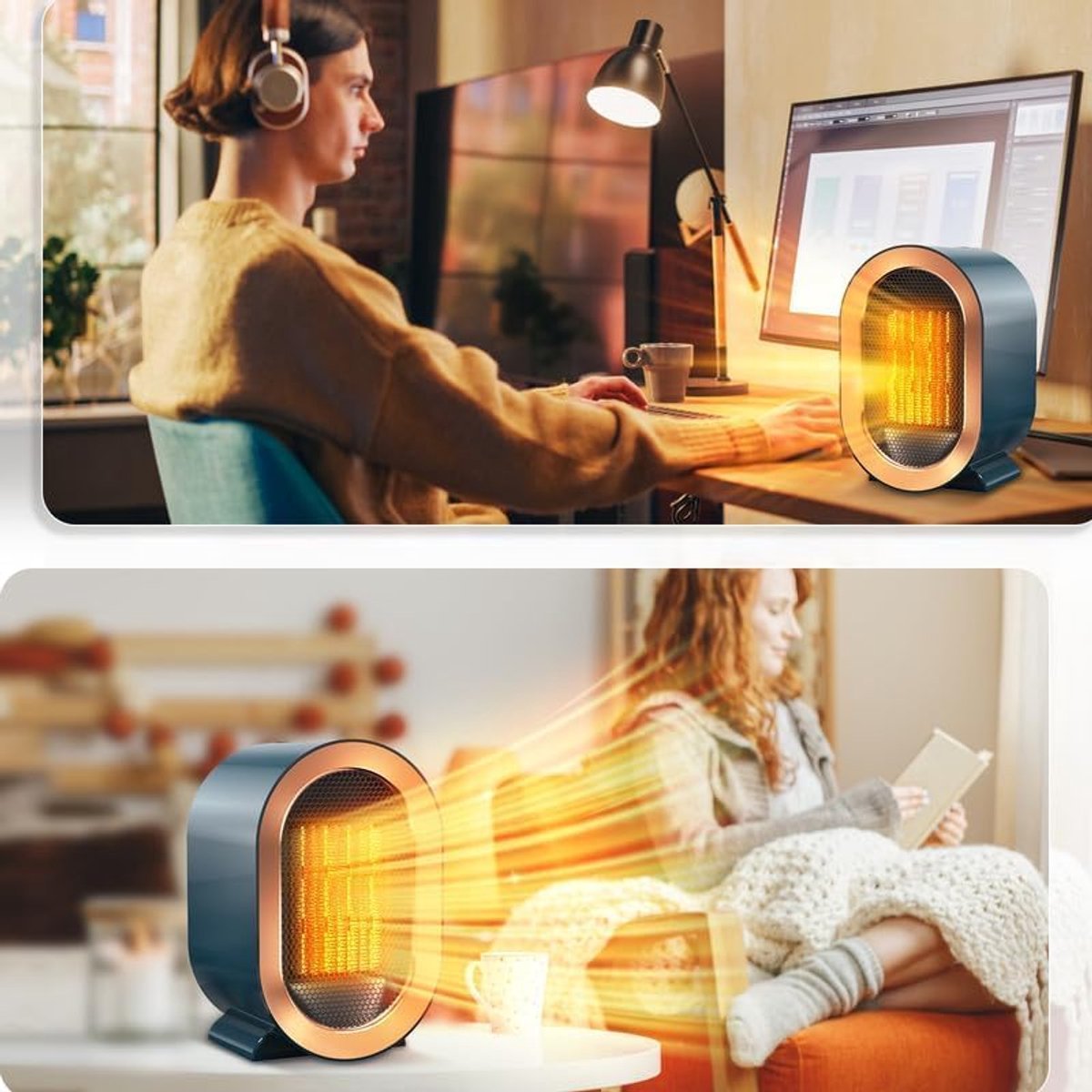 Elektrische kachel - Stille kachel - Miniverwarmer - Draagbare minikachel - Keramische PTC-ventilatorkachel - Winterwarmte - 2 warmte-uitgangen - Oververhittings- en kantelbeveiliging - Geschikt voor thuis - Ouderen - Kinderen - Huisdieren - blauw – foto 7