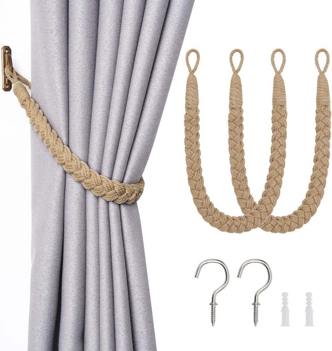Set van 2 Natuurlijke Katoenen Touwgordijnbinders in Boho-Stijl – Elegante Draperiën voor