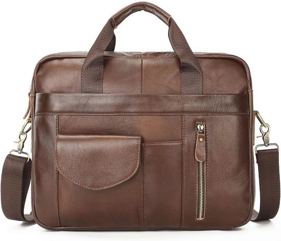 ROYALZ 'Lincoln' vintage zakelijke tas heren en dames leer 15,6 inch laptoptas - lederen tas grote aktetas werktas messenger bag met handvat echt leer, zwart, Large